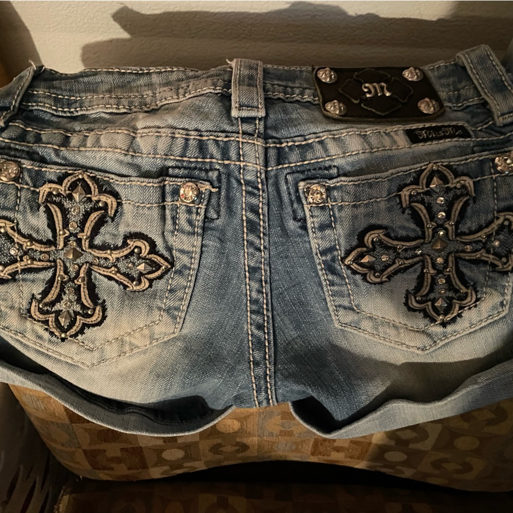 Miss Me Blue Denim Shorts with Embellished Crosses